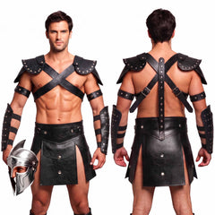 A man modeling a black leather gladiator costume set, shown from both front and back views. The set includes a wraparound skirt, shoulder armor, arm guards, and a matching silver-colored metal helmet held in his hand.