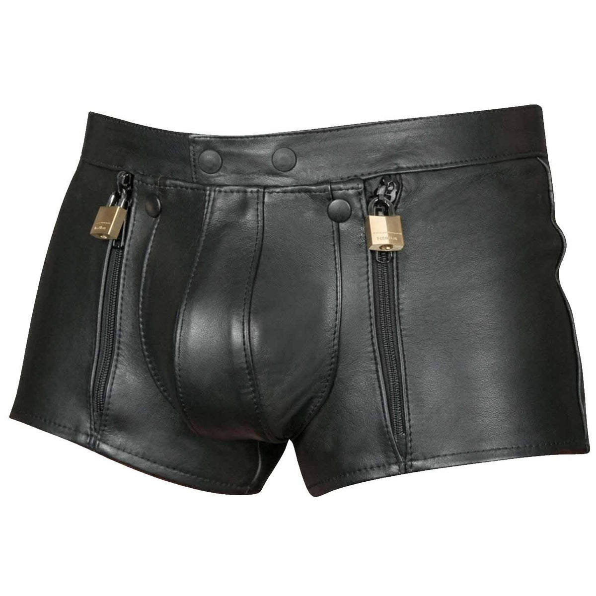 Mens Black Real Cowhide Leather Chastity Shorts Double Zips Shorts