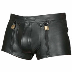 Mens Black Real Cowhide Leather Chastity Shorts Double Zips Shorts