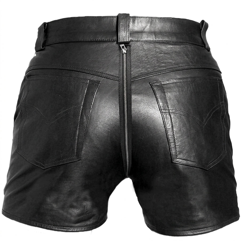 Black leather shorts with a zippered back and stitched pocket details, shown from the rear on a white background.