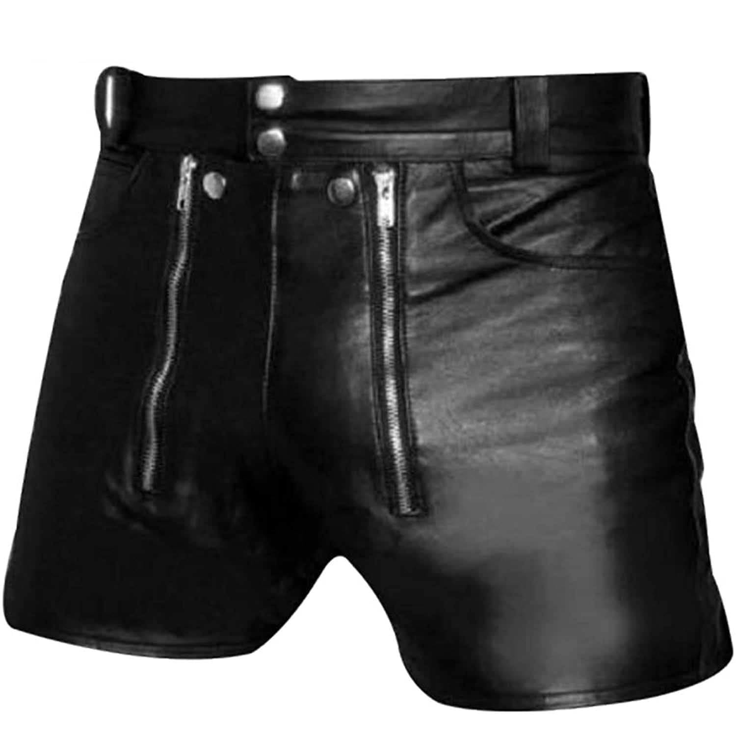 Black leather shorts with dual front zipper details, a matching black belt, and silver-tone metal hardware, shown against a plain white background.