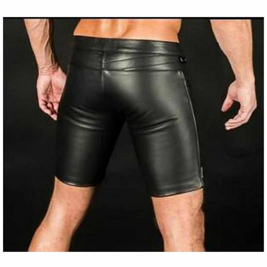 ack view of men's genuine black leather athletic sports shorts displaying a fitted waistband and seamless smooth leather back.