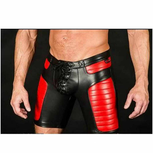 Mens Black Real Leather Foot Ball Rugby 3D Shorts with Red Contrast Sports Shorts