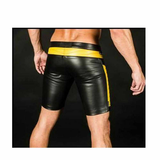 Mens Black Real Leather Foot Ball Rugby 3D Shorts with Yellow Contrast Sports Shorts