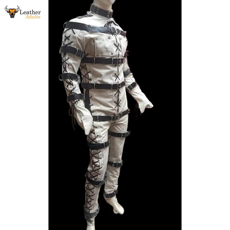 Mens Bondage jump suit cell suit White Cow Leather Heavy Duty Restriction Catsuit BDSM