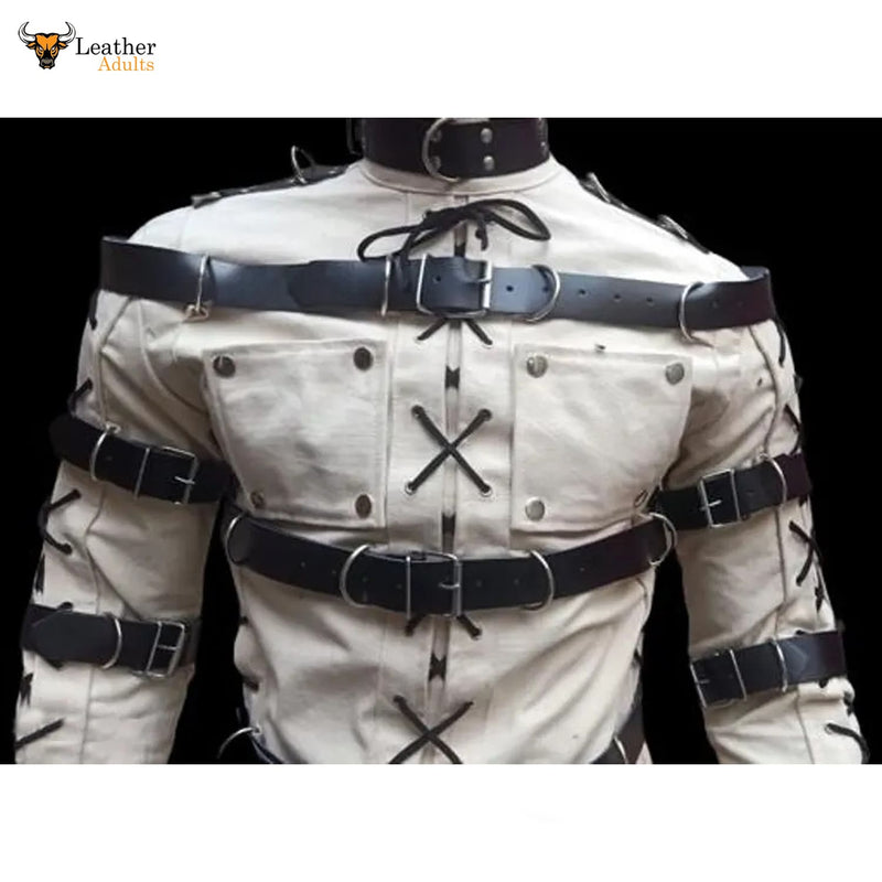 Mens Bondage jump suit cell suit White Cow Leather Heavy Duty Restriction Catsuit BDSM