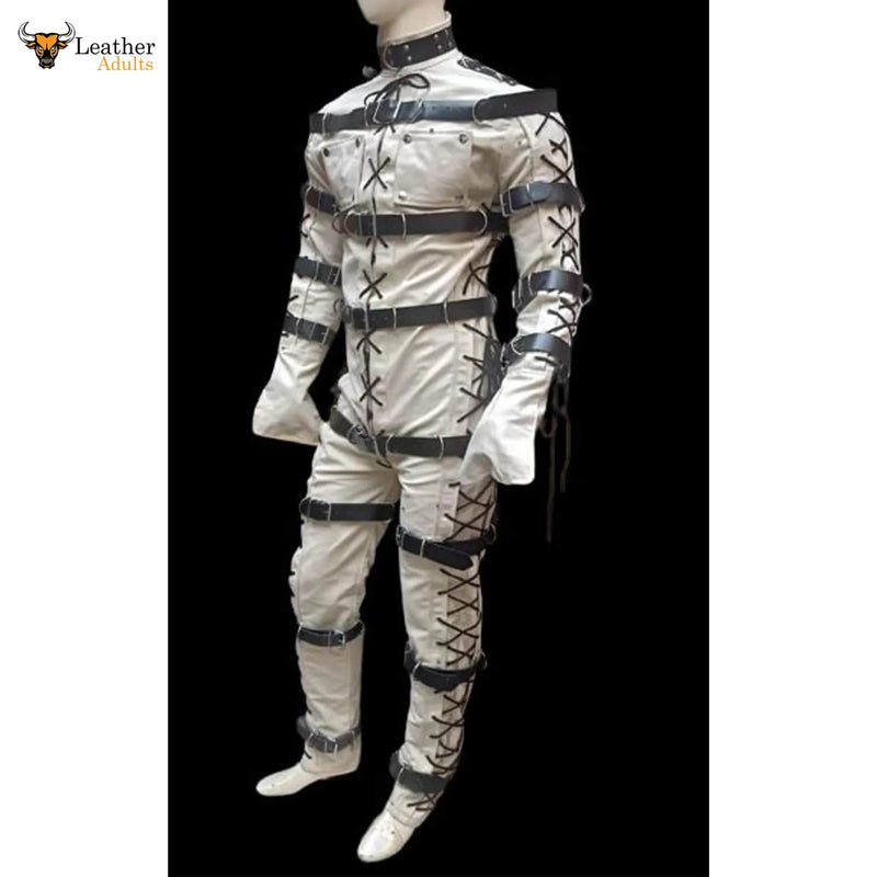 Mens Bondage jump suit cell suit White Cow Leather Heavy Duty Restriction Catsuit BDSM