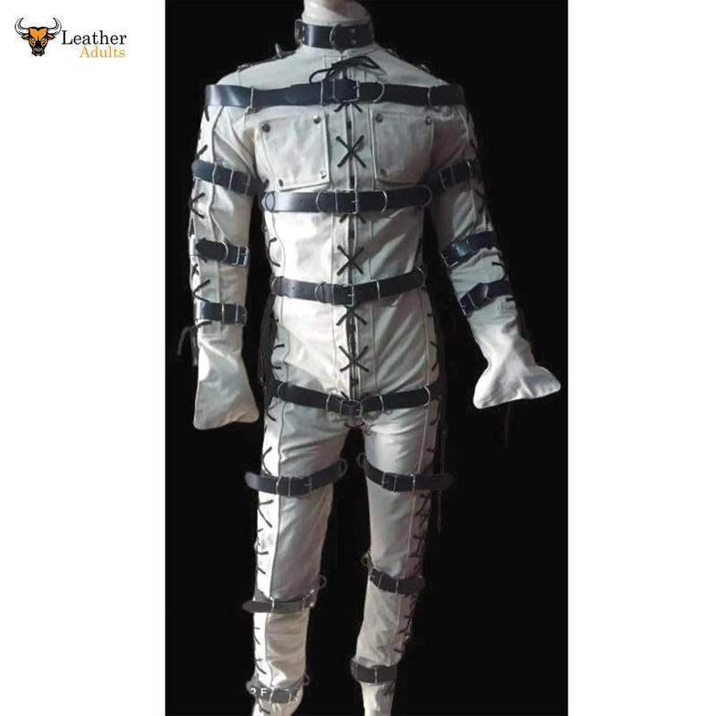 Mens Bondage jump suit cell suit White Cow Leather Heavy Duty Restriction Catsuit BDSM