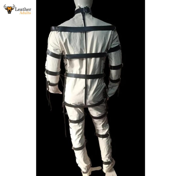 Mens Bondage jump suit cell suit White Cow Leather Heavy Duty Restriction Catsuit BDSM