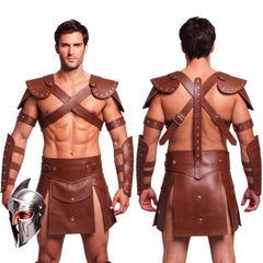 Mens Brown Leather Gladiator Costume Historical Reenactment Armor Kilt Set Roman Warrior LARP