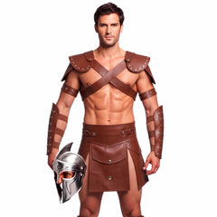Mens Brown Leather Gladiator Costume Historical Reenactment Armor Kilt Set Roman Warrior LARP