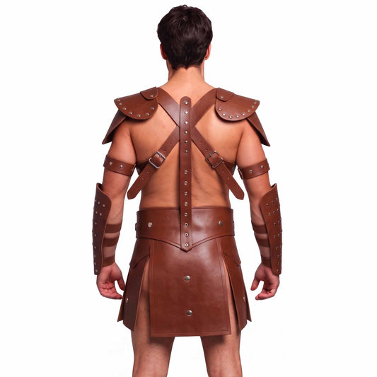 Mens Brown Leather Gladiator Costume Historical Reenactment Armor Kilt Set Roman Warrior LARP