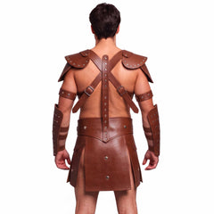 Mens Brown Leather Gladiator Costume Historical Reenactment Armor Kilt Set Roman Warrior LARP
