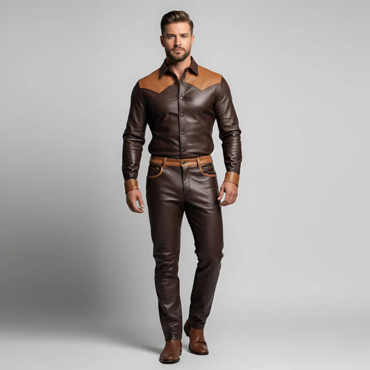 Model showcasing the tailored collar and chest fit of the men's dark brown genuine leather snap-button shirt and matching leather trousers