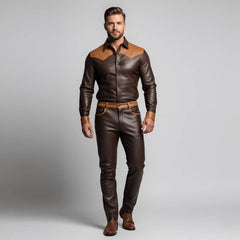 Model showcasing the tailored collar and chest fit of the men's dark brown genuine leather snap-button shirt and matching leather trousers