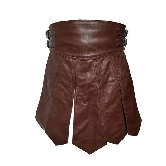 Mens Brown Real Leather Kilt Sexy Gladiator Costume Gay Club Wear LARP Kilts