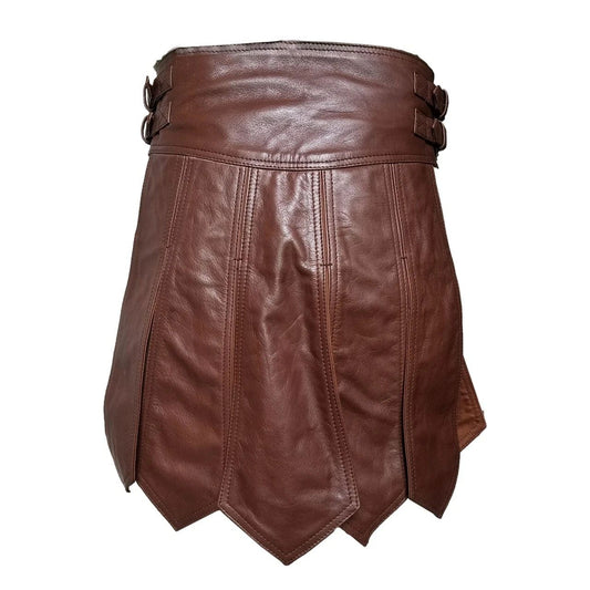 Mens Brown Real Leather Kilt Sexy Gladiator Costume Gay Club Wear LARP Kilts