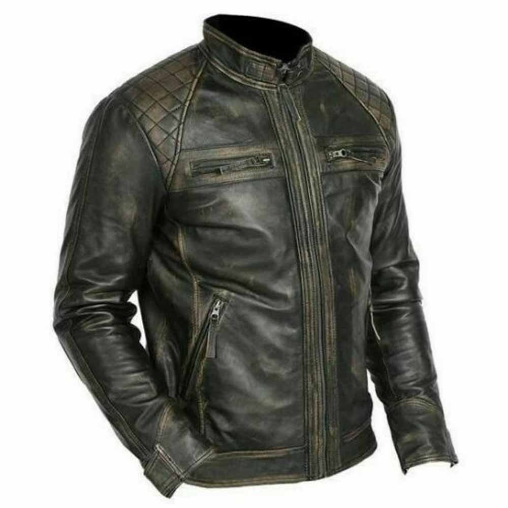 A distressed black leather motorcycle jacket with quilted shoulder panels, zippered chest pockets, and a stand collar, shown on a white background.
