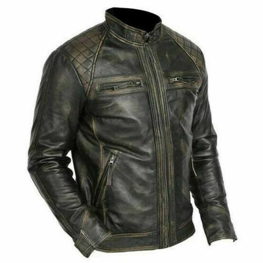 A distressed black leather motorcycle jacket with quilted shoulder panels, zippered chest pockets, and a stand collar, shown on a white background.