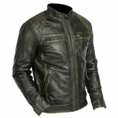 A distressed black leather motorcycle jacket with quilted shoulder panels, zippered chest pockets, and a stand collar, shown on a white background.