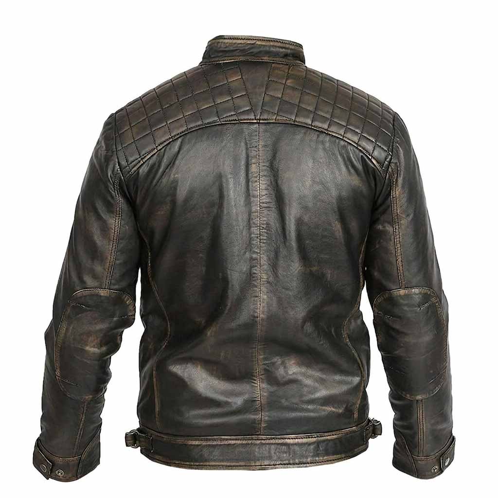 A dark brown distressed leather jacket shown from the back, featuring quilted shoulder panels, a stand collar, and a straight hem, photographed against a solid white background.