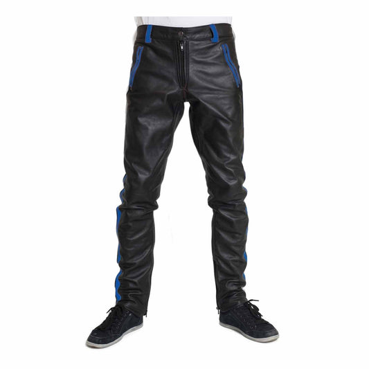 Mens Cowhide Leather Pants Cropped Biker Pants Blue Stripe Leather Pants Chino Trousers