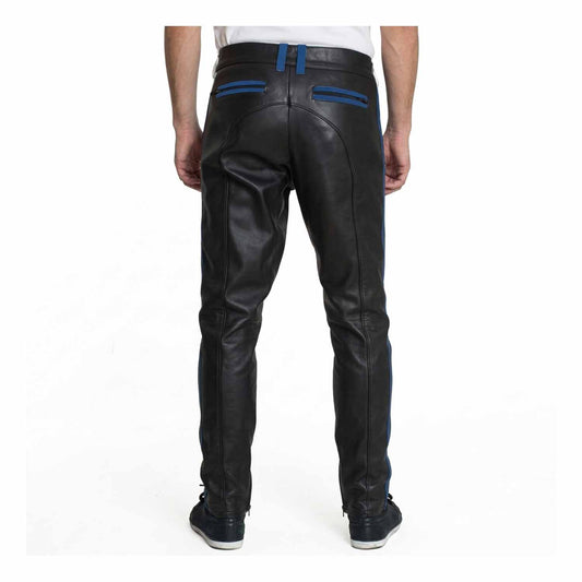 Mens Cowhide Leather Pants Cropped Biker Pants Blue Stripe Leather Pants Chino Trousers