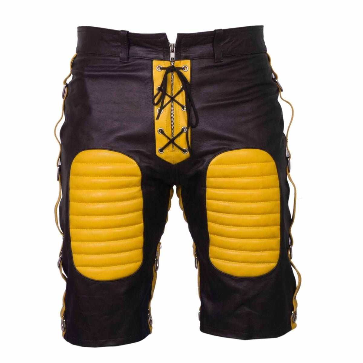 Front view of men's black cowhide leather bondage shorts featuring yellow padded thigh panels, yellow lace-up zip fly, and side D-ring straps.