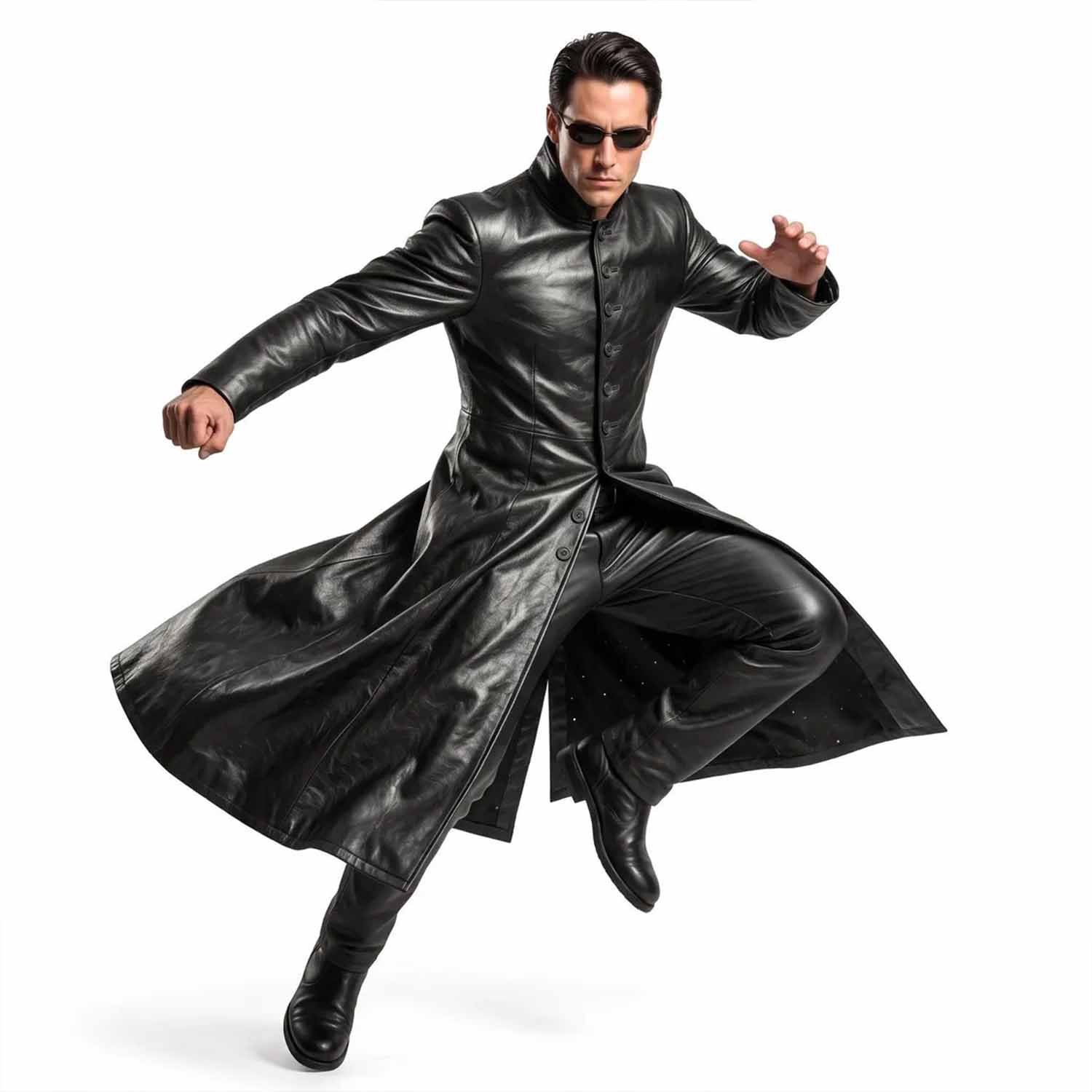 Action pose of a man wearing a black lambskin leather cyberpunk duster coat showcasing flexibility and drape