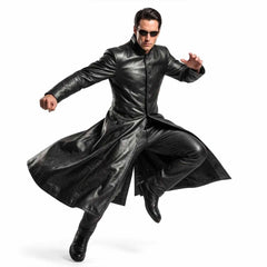 Action pose of a man wearing a black lambskin leather cyberpunk duster coat showcasing flexibility and drape