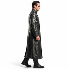 Side profile of a man wearing a genuine black lambskin leather matrix trench coat with a high collar
