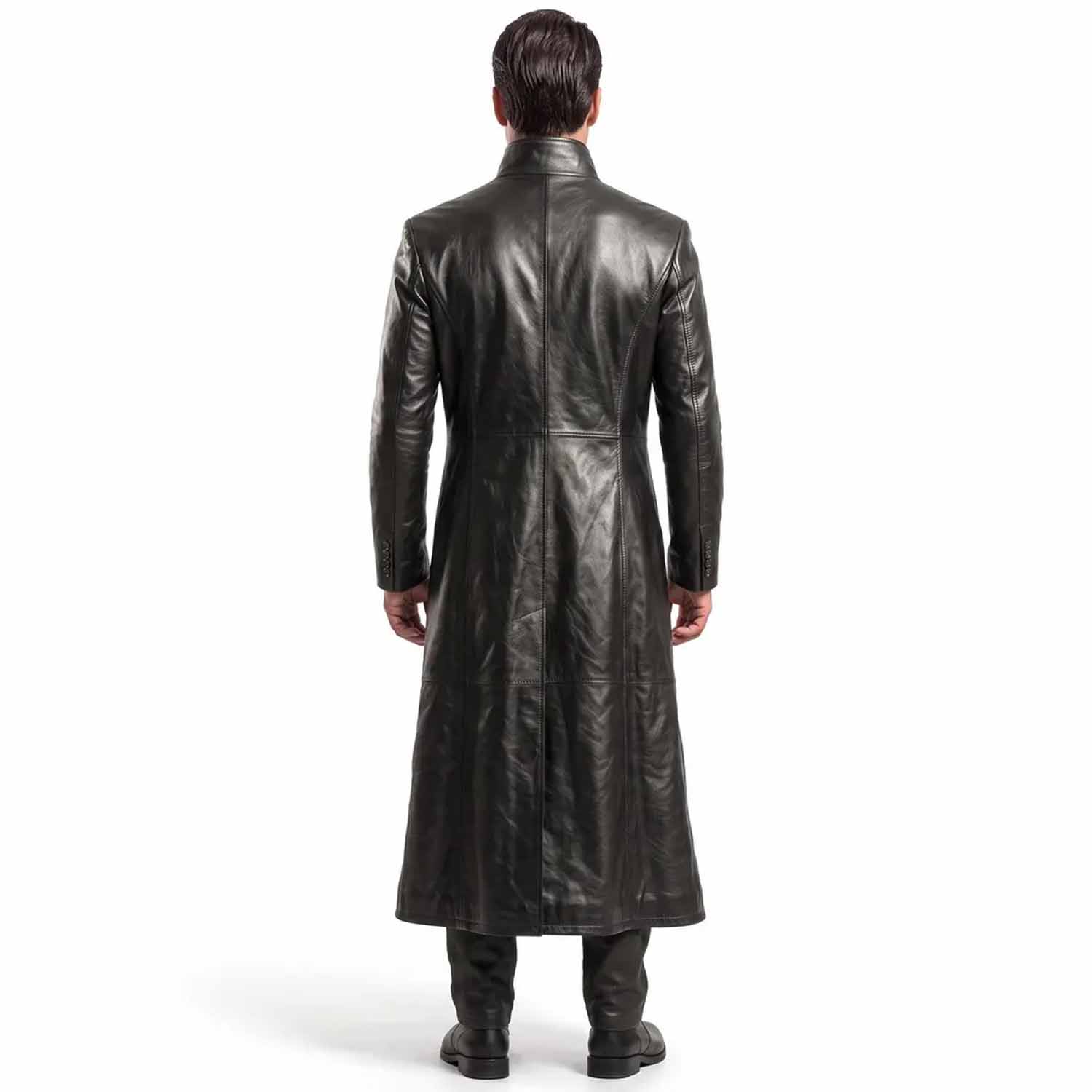 Back view of a man wearing a full length black leather duster coat showing panel craftsmanship