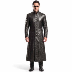 Full front view of a man wearing a handmade black leather neo matrix trench coat with button down closure