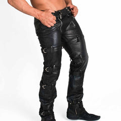 Mens Genuine Leather Skinny Chastity Pants Bondage Jeans With Rear Zip