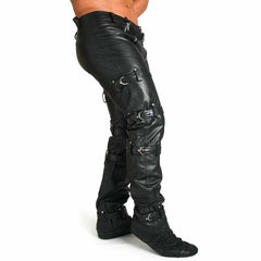 Mens Genuine Leather Skinny Chastity Pants Bondage Jeans With Rear Zip