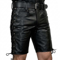 Mens Handmade Black Genuine Leather Shorts Side Laces Shorts Party Wear Shorts