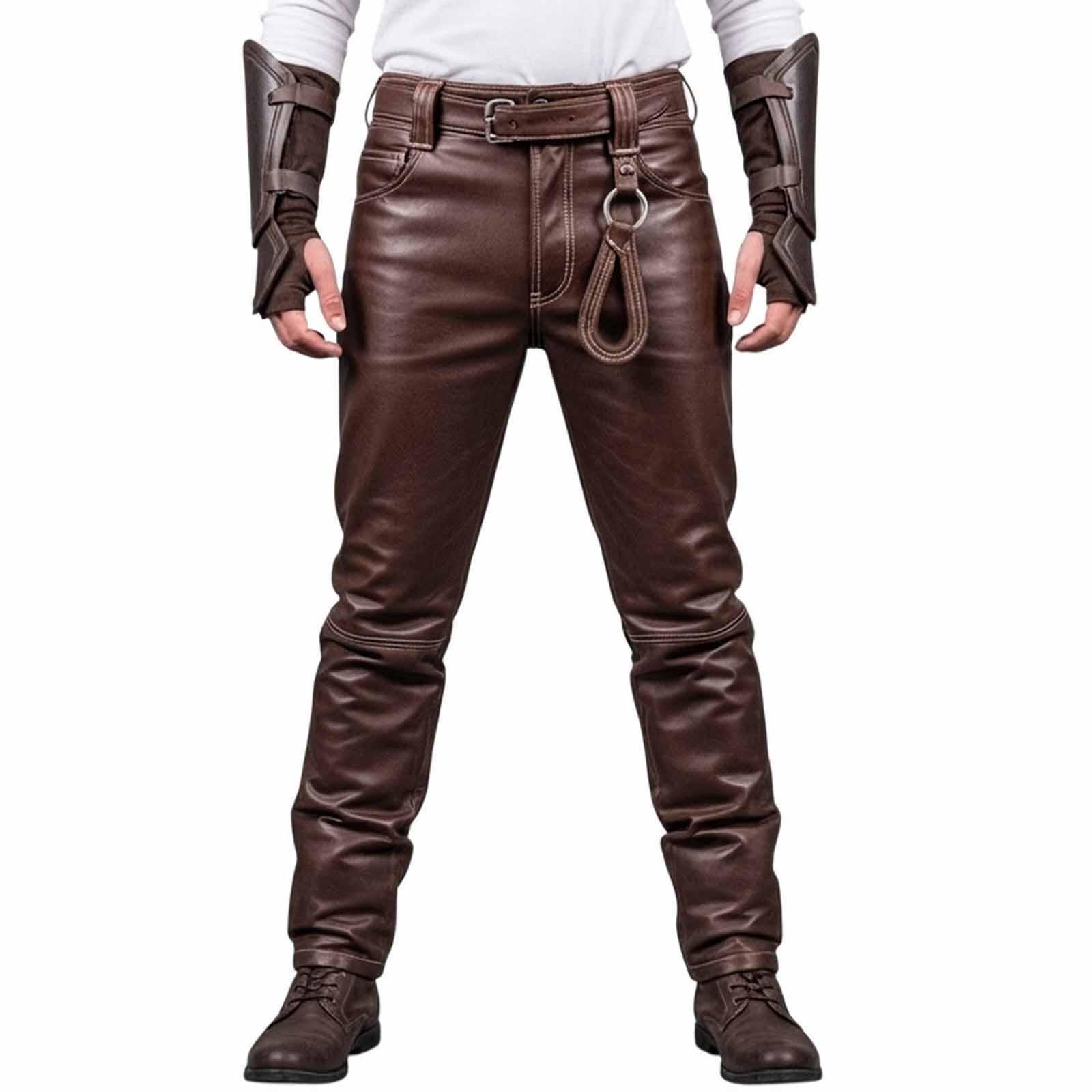 Front view of a man wearing brown real leather medieval warrior pants with belt loops and gear ring attachment against a white background.