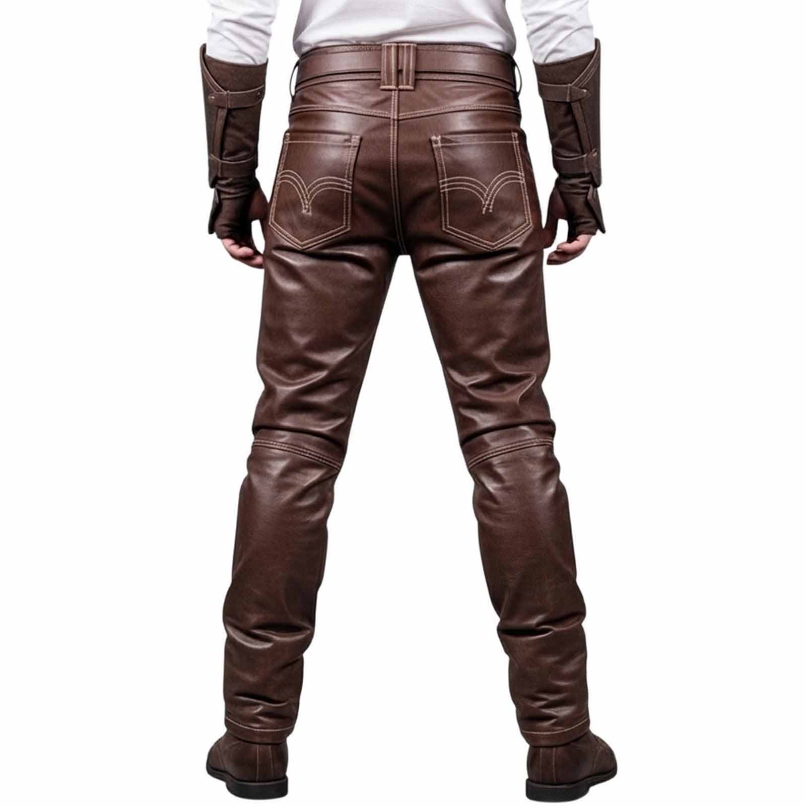 Rear view showing back pockets, reinforced stitching, and belt loop structure on men's brown leather LARP trousers against a white background.