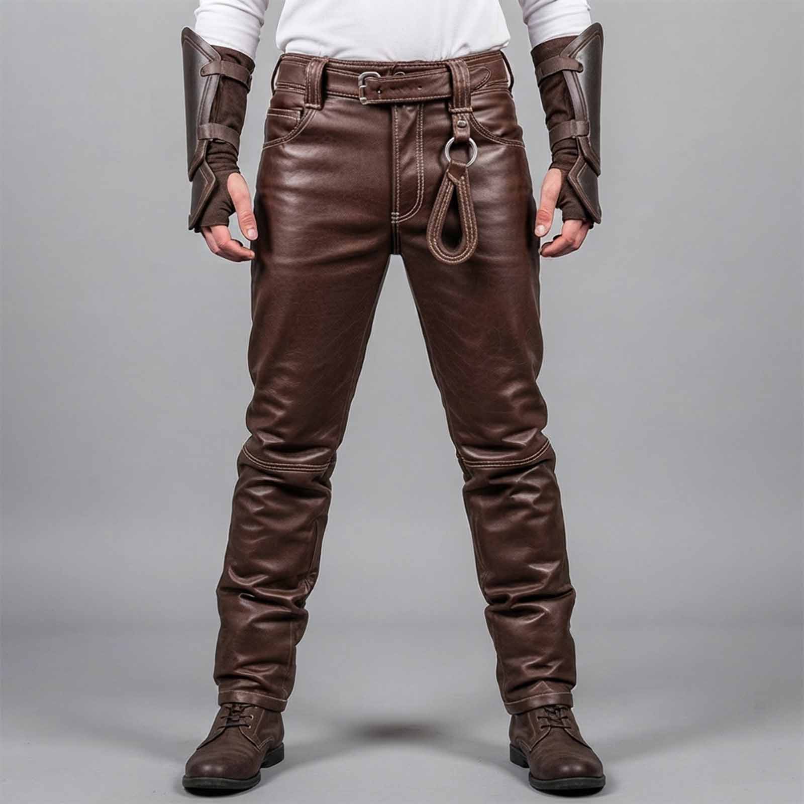 Full studio back view displaying the fit and seam details of men's handcrafted brown leather Renaissance Faire pants.