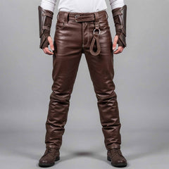 Full studio back view displaying the fit and seam details of men's handcrafted brown leather Renaissance Faire pants.
