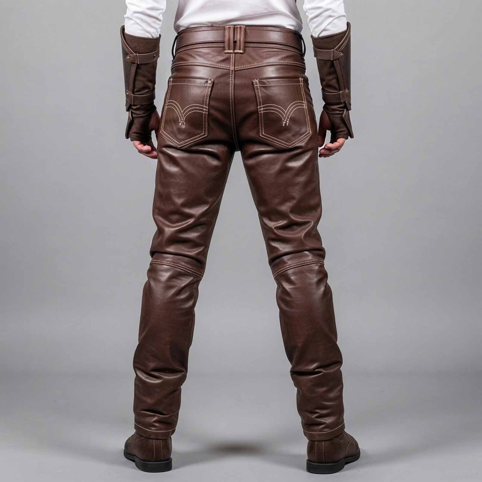 Full studio front view showing men's brown genuine leather Viking cosplay pants styled with arm bracers.