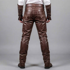 Full studio front view showing men's brown genuine leather Viking cosplay pants styled with arm bracers.