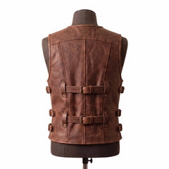 Back view of the men's brown leather warrior vest showcasing clean vertical panel stitching, dual adjustable back cinch straps, and side buckle loops.