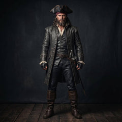 Full length front view of bearded pirate captain wearing handmade black leather frock coat vest and pants set on dark background