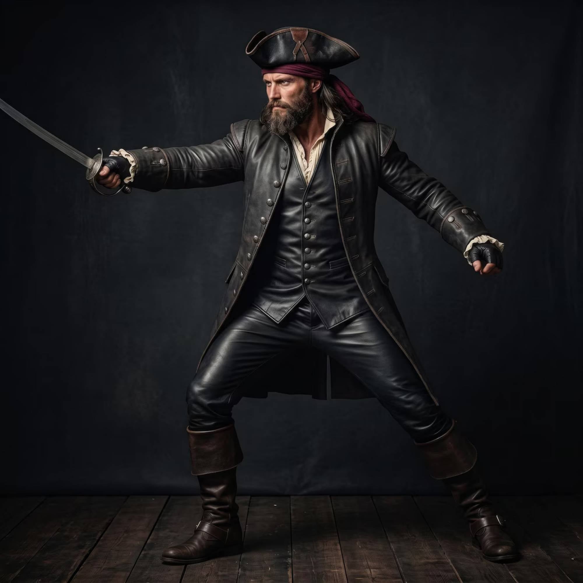 Pirate captain in aggressive fencing stance with sword wearing weathered black leather coat and buttoned waistcoat