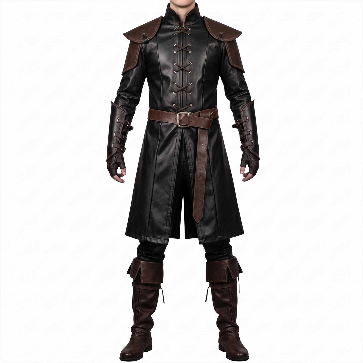 Full-body front view of a man modeling the handmade black leather medieval warrior coat, featuring brown leather shoulder pauldrons, forearm bracers, and a buckled waist belt.
