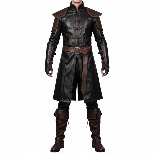 Full-body front view of a man modeling the handmade black leather medieval warrior coat, featuring brown leather shoulder pauldrons, forearm bracers, and a buckled waist belt.