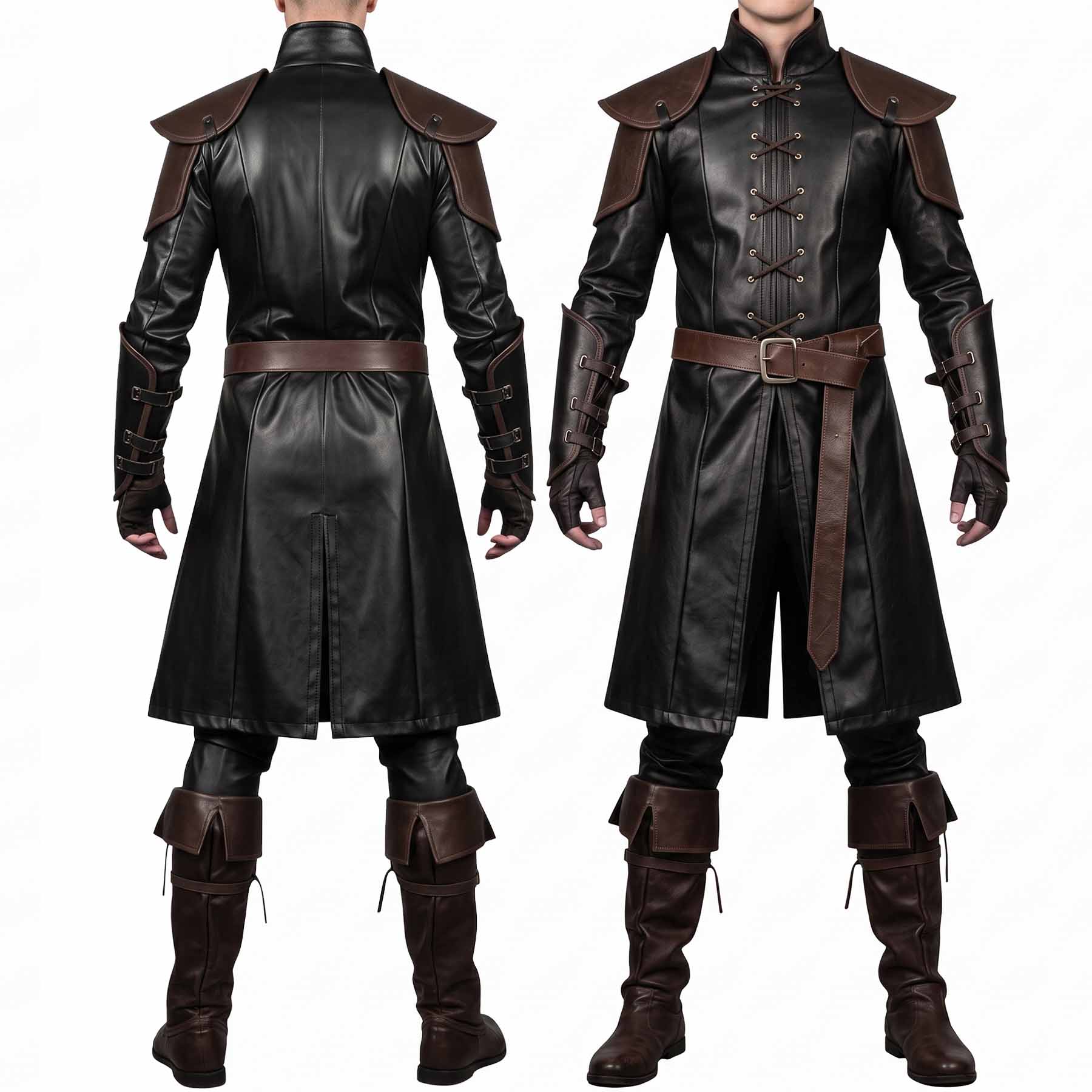 Front and back comparison shot of the men's two-tone black and brown gothic renaissance leather battle coat ensemble.