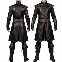 Front and back comparison shot of the men's two-tone black and brown gothic renaissance leather battle coat ensemble.