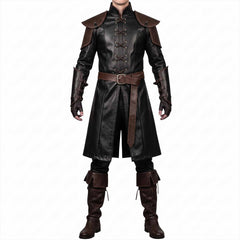 Full-body front view of a man modeling the handmade black leather medieval warrior coat, featuring brown leather shoulder pauldrons, forearm bracers, and a buckled waist belt.